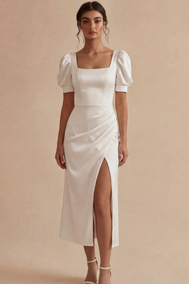 Puff Sleeves Sheath Ruched Maxi White Beach Wedding Dress with Slit