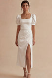 Puff Sleeves Sheath Ruched Maxi White Beach Wedding Dress with Slit