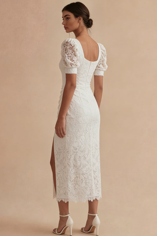 Lace Square Neck Sheath Ruched Maxi White Boho Wedding Dress with Slit