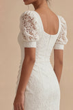 Lace Square Neck Sheath Ruched Maxi White Boho Wedding Dress with Slit