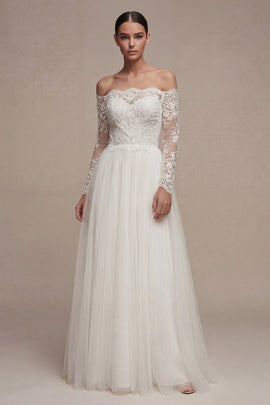 Long Sleeves Floral White Maxi A Line Wedding Dress with Lace