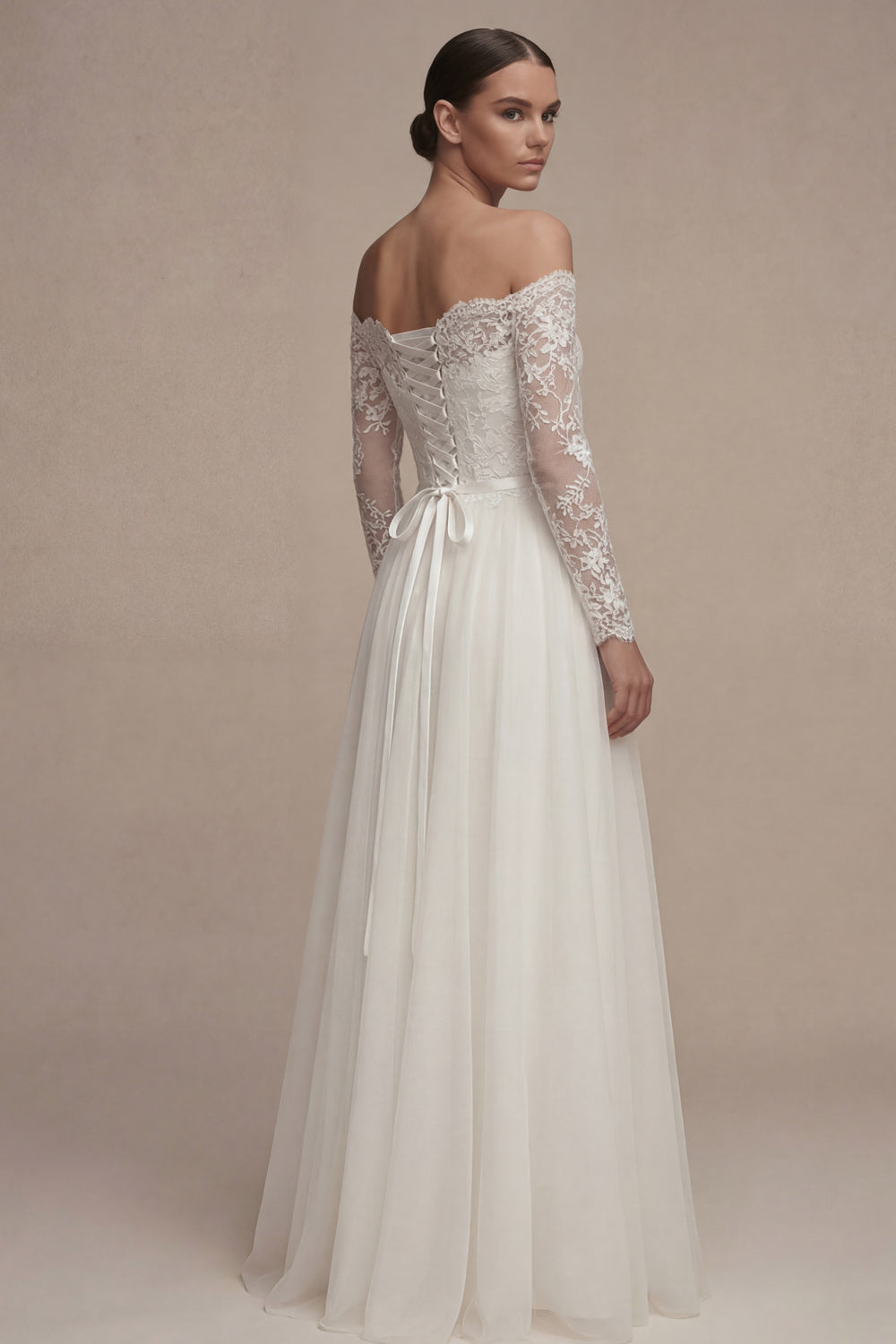 Long Sleeves Floral White Maxi A Line Wedding Dress with Lace