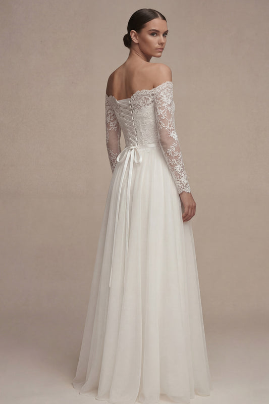 Long Sleeves Floral White Maxi A Line Wedding Dress with Lace