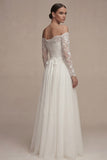 Long Sleeves Floral White Maxi A Line Wedding Dress with Lace