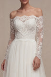 Long Sleeves Floral White Maxi A Line Wedding Dress with Lace