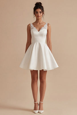 Short V-Neck White A Line Wedding Dress with Lace