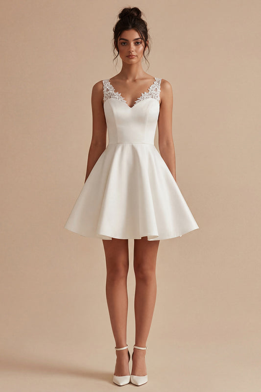 Short V-Neck White A Line Wedding Dress with Lace