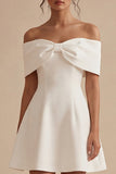 Off the Shoulder Short White A Line Beach Wedding Dress with Bow