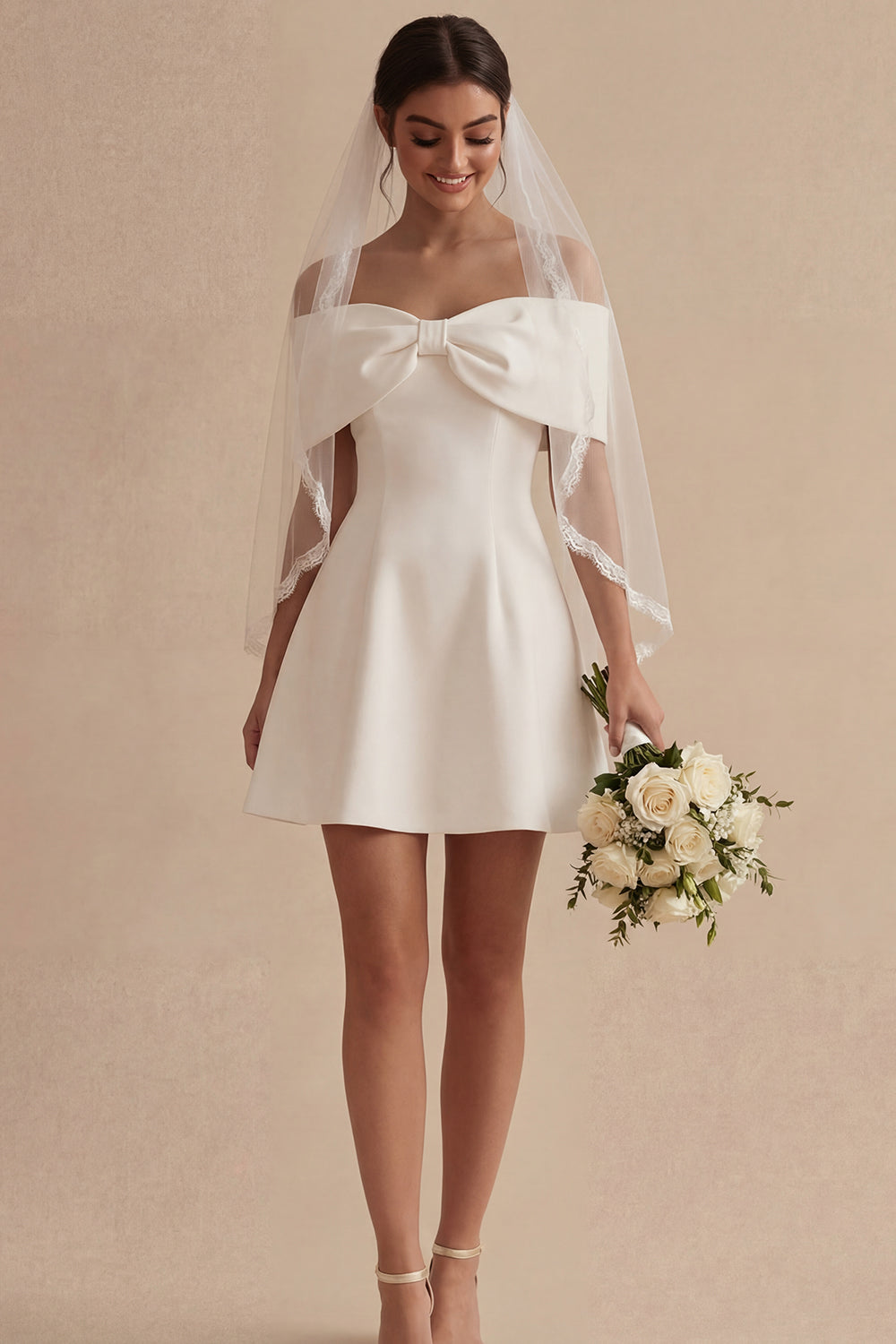 Off the Shoulder Short White A Line Beach Wedding Dress with Bow