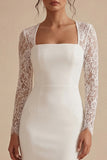 Midi Bodycon Long Sleeves Floral White Wedding Dress with Lace