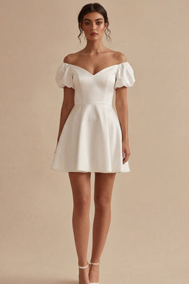 Puff Sleeves Off the Shoulder Short White A Line Beach Wedding Dress
