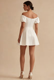 Puff Sleeves Off the Shoulder Short White A Line Beach Wedding Dress