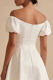 Puff Sleeves Off the Shoulder Short White A Line Beach Wedding Dress