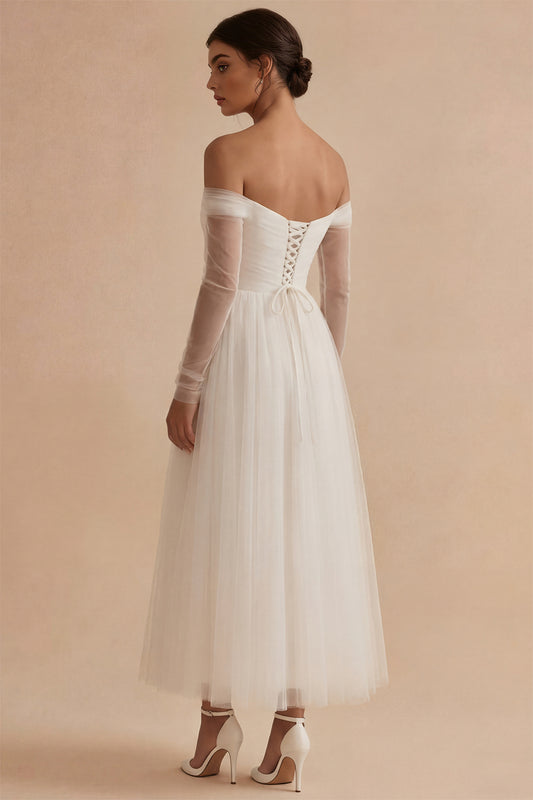 Ruched Long Sleeves White Maxi A Line Off the Shoulder Wedding Dress