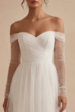 Ruched Long Sleeves White Maxi A Line Off the Shoulder Wedding Dress