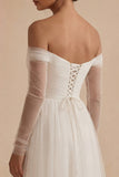 Ruched Long Sleeves White Maxi A Line Off the Shoulder Wedding Dress