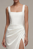 Square Neck Ruched White Maxi Sheath Beach Wedding Dress with Slit