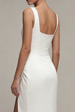 Square Neck Ruched White Maxi Sheath Beach Wedding Dress with Slit