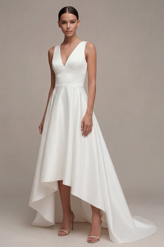 A Line V-Neck White High Low Beach Wedding Dress