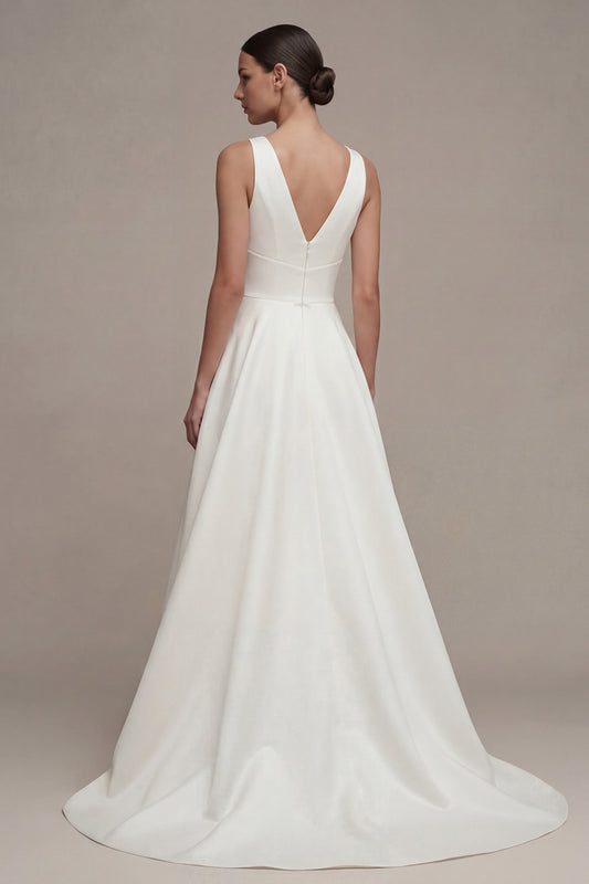 A Line V-Neck White High Low Beach Wedding Dress