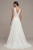 A Line V-Neck White High Low Beach Wedding Dress