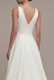 A Line V-Neck White High Low Beach Wedding Dress