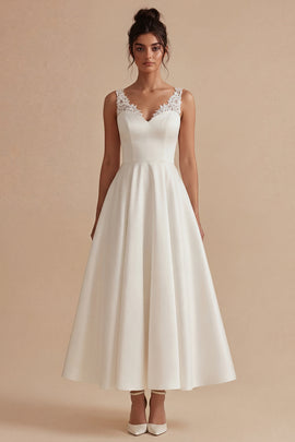 Maxi White A Line V-Neck Wedding Dress with Lace