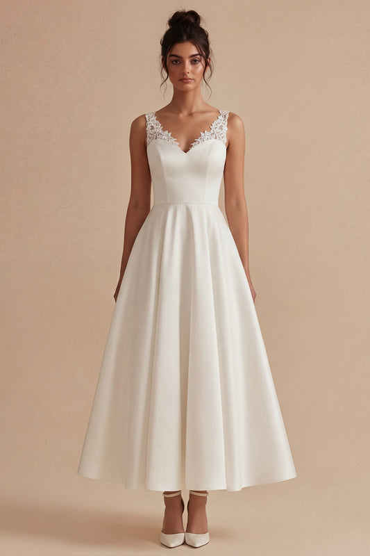 Maxi White A Line V-Neck Wedding Dress with Lace