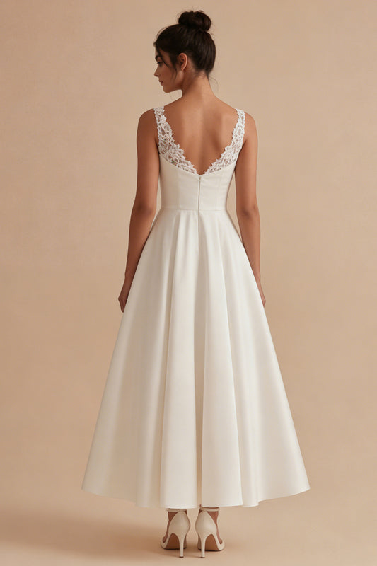Maxi White A Line V-Neck Wedding Dress with Lace