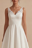 Maxi White A Line V-Neck Wedding Dress with Lace