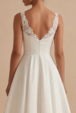 Maxi White A Line V-Neck Wedding Dress with Lace