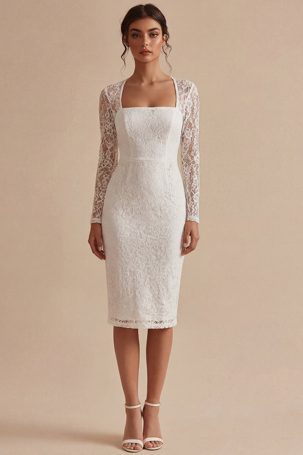 Midi Bodycon Lace Long Sleeves Floral White Boho Wedding Dress