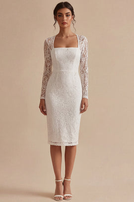 Midi Bodycon Lace Long Sleeves Floral White Boho Wedding Dress