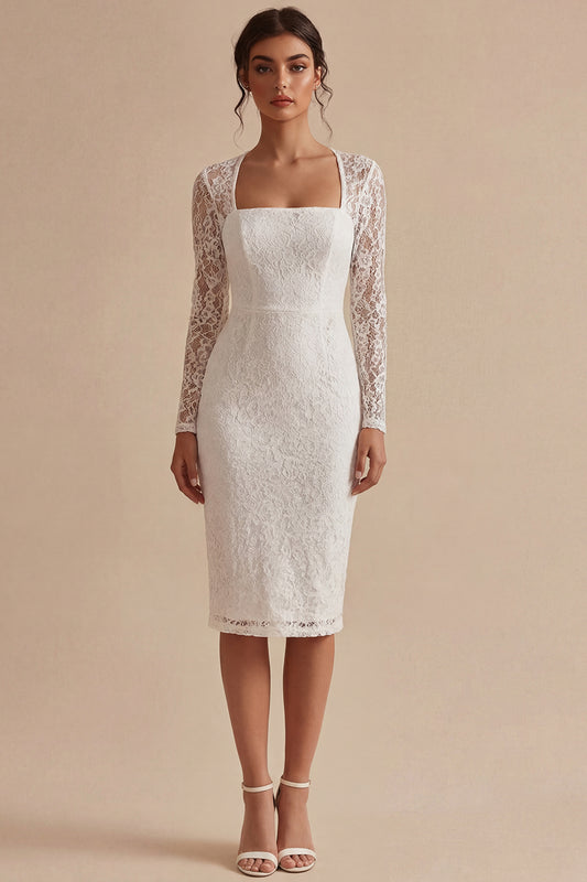 Midi Bodycon Lace Long Sleeves Floral White Boho Wedding Dress