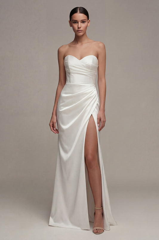Strapless Ruched White Maxi Sheath Beach Wedding Dress with Slit