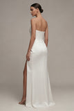 Strapless Ruched White Maxi Sheath Beach Wedding Dress with Slit