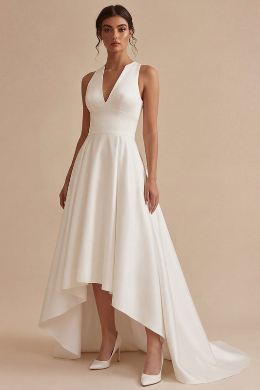 White High Low A Line V-Neck Beach Wedding Dress