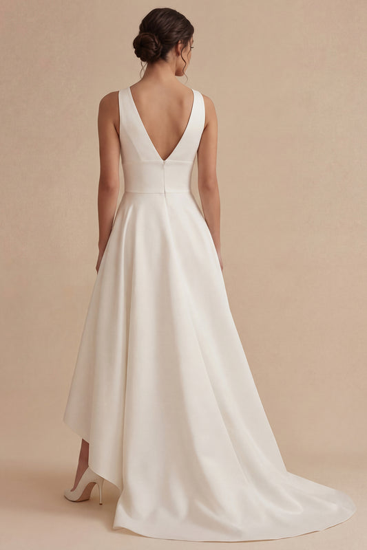 White High Low A Line V-Neck Beach Wedding Dress