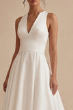 White High Low A Line V-Neck Beach Wedding Dress