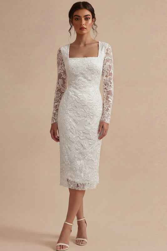 Lace Long Sleeves Floral Midi Bodycon White Boho Wedding Dress