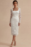 Lace Long Sleeves Floral Midi Bodycon White Boho Wedding Dress