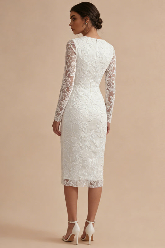 Lace Long Sleeves Floral Midi Bodycon White Boho Wedding Dress