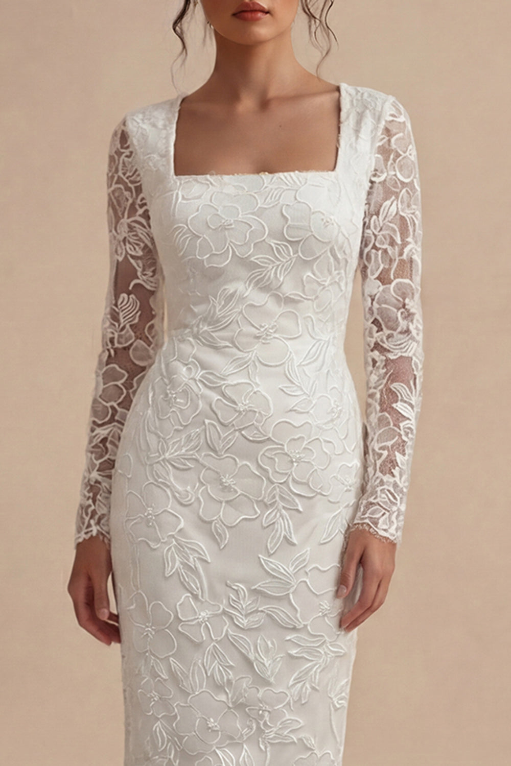 Lace Long Sleeves Floral Midi Bodycon White Boho Wedding Dress