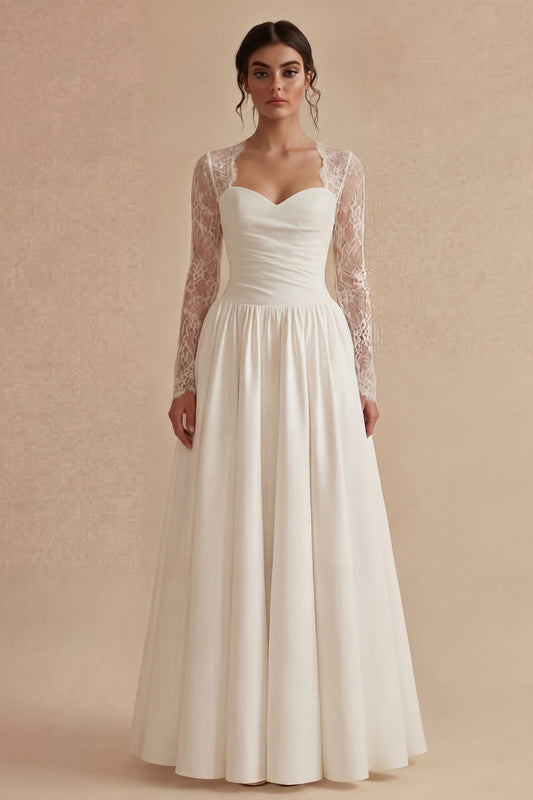 White Maxi Long Sleeves Floral A Line Boho Wedding Dress with Lace