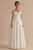 White Maxi Long Sleeves Floral A Line Boho Wedding Dress with Lace