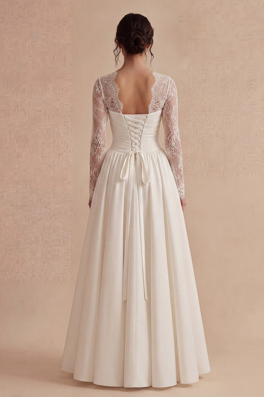 White Maxi Long Sleeves Floral A Line Boho Wedding Dress with Lace