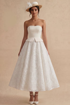 Strapless White Maxi Floral Lace A Line Boho Wedding Dress