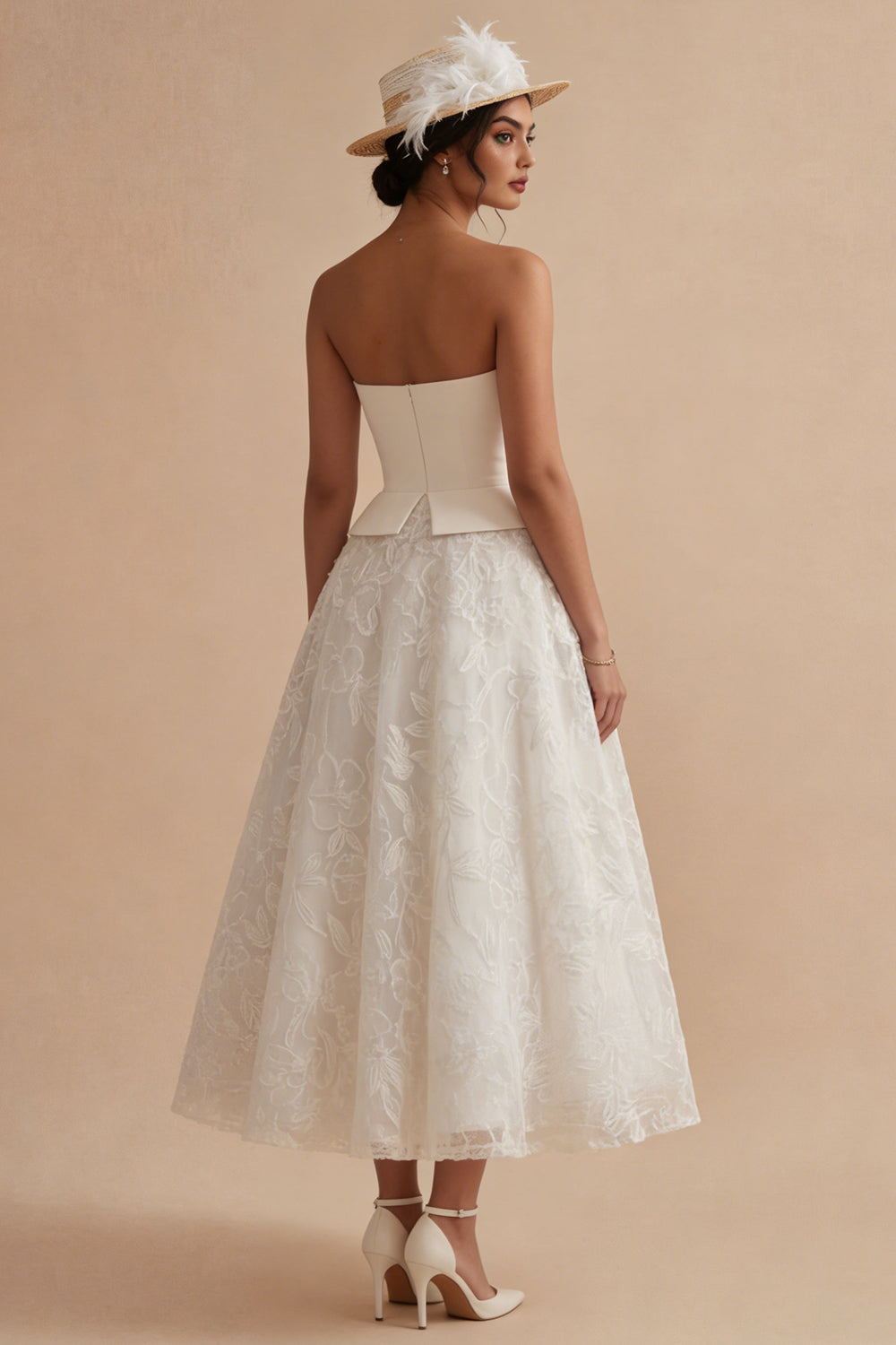Strapless White Maxi Floral Lace A Line Boho Wedding Dress