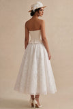 Strapless White Maxi Floral Lace A Line Boho Wedding Dress