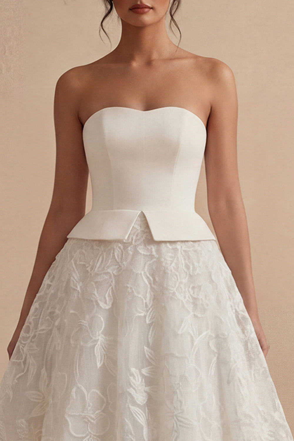 Strapless White Maxi Floral Lace A Line Boho Wedding Dress